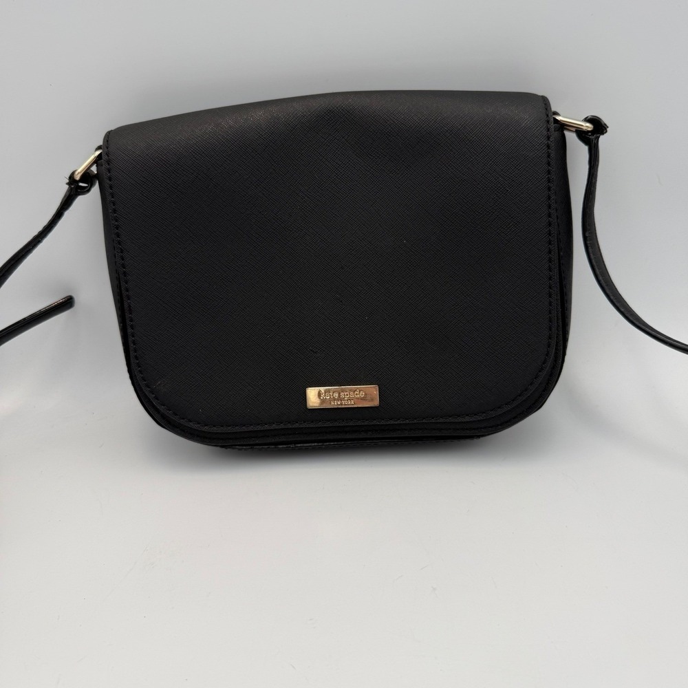 Kate Spade New York Black Saffiano Leather Crossbody Bag Gold Logo Flap Purse